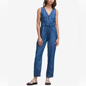 DKNY denim S blue jumpsuit soft light drawstring belt pockets 28” inseam